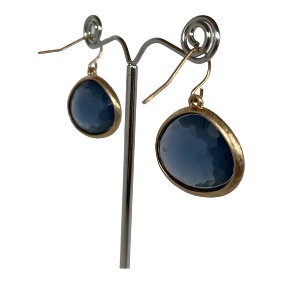 Gold Teardrop Dangle Earrings with Navy Blue - Picture 2 of 4